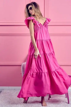 BiBi Tiered Ruffled Cap Sleeve Maxi Dress Trendsi