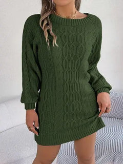Cable-Knit Round Neck Sweater Dress - Melizafashion