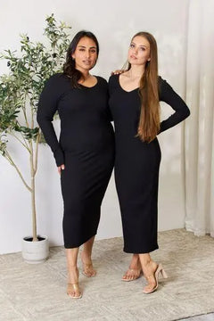 Culture Code Full Size Ribbed Long Sleeve Midi Slit Dress - Melizafashion