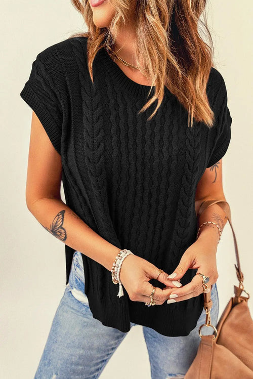 Meliza's Cable-Knit Side Slit Sweater Vest - Melizafashion