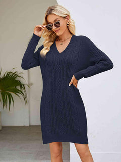 Melizafashion Elegant  Meliza's Cable-Knit V-Neck Mini Sweater Dress