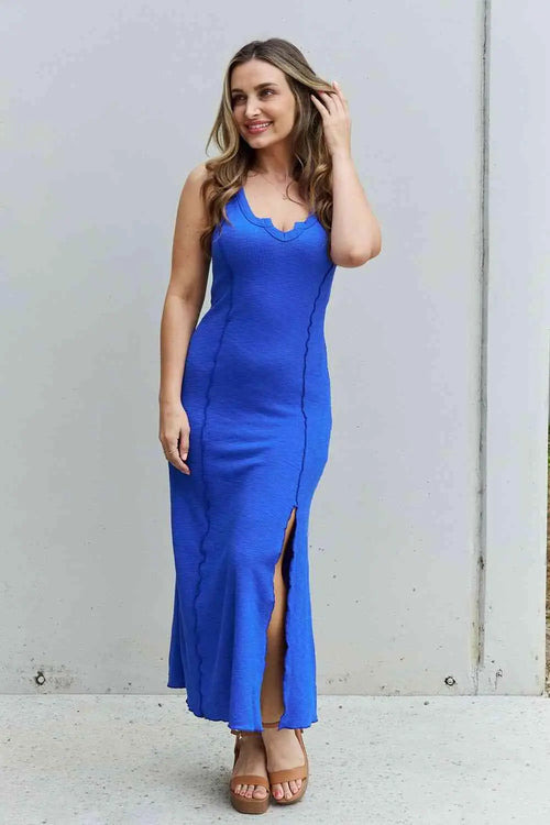 Melizafashion Elegant  Meliza's Culture Code Look At Me Full Size Notch Neck Maxi Dress with Slit in Cobalt Blue