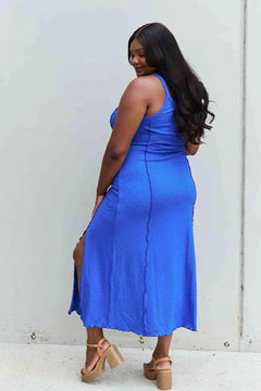 Melizafashion Elegant  Meliza's Culture Code Look At Me Full Size Notch Neck Maxi Dress with Slit in Cobalt Blue