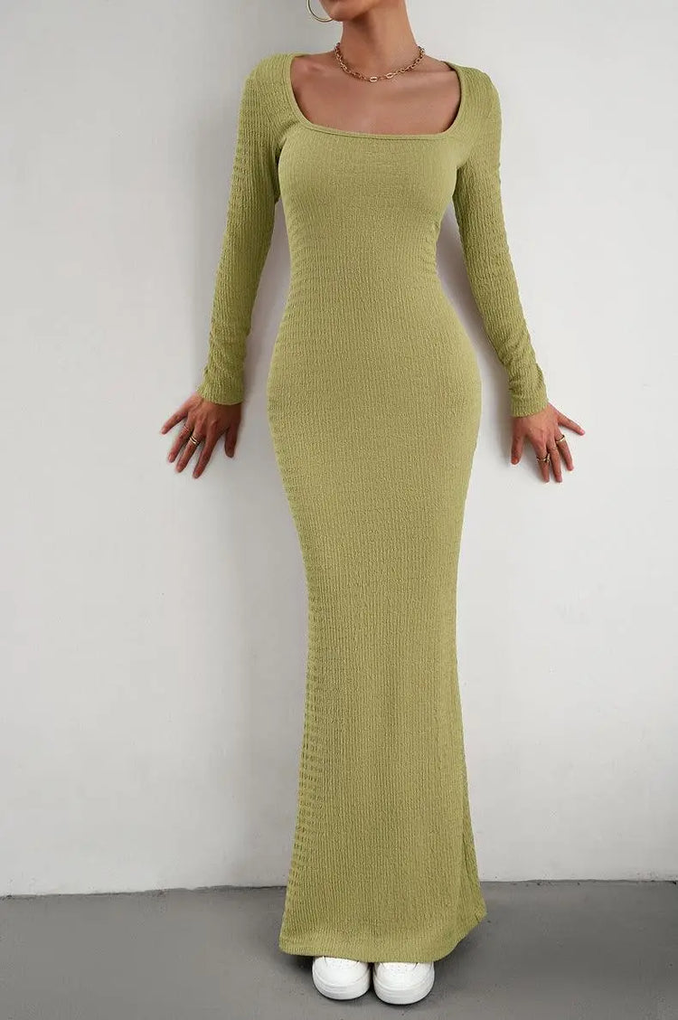 Meliza's Long Sleeve Square Neck Maxi Bodycon Dress - Melizafashion