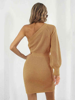 Melizafashion Elegant  Meliza's One-Shoulder Mini Sweater Dress