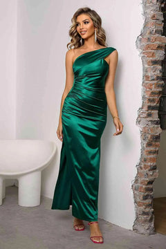 Melizafashion Elegant  Meliza's One-Shoulder Ruched Slit Maxi Dress