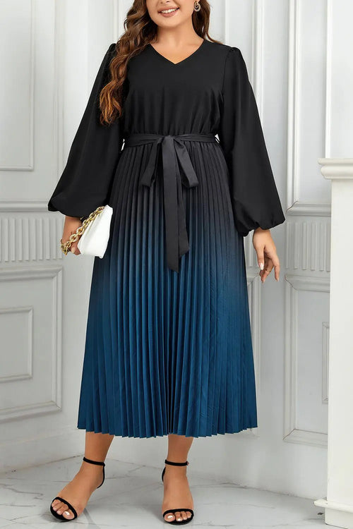 Meliza's Plus Size V-Neck Long Sleeve Pleated Tie Waist Midi Dress - Melizafashion
