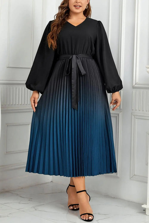 Meliza's Plus Size V-Neck Long Sleeve Pleated Tie Waist Midi Dress - Melizafashion