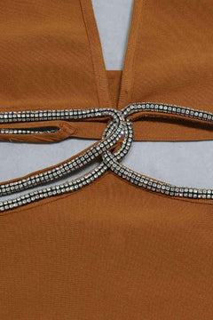 Meliza's Rhinestone Halter Neck Cutout Slit Midi Dress - Melizafashion