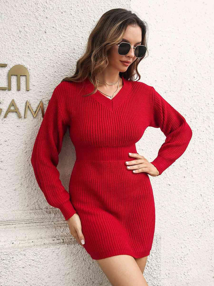 Meliza's Rib-Knit V-Neck Sweater Dress - Melizafashion