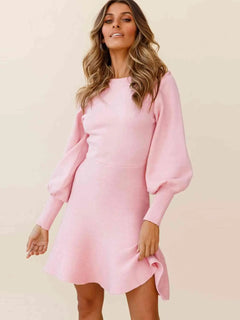 Melizafashion Elegant  Meliza's Round Neck Lantern Sleeve Sweater Dress
