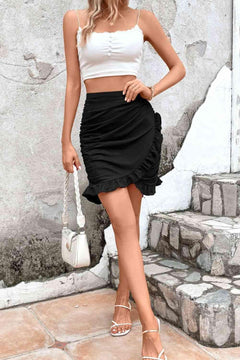 Meliza's Ruched Ruffle Hem Mini Skirt - Melizafashion