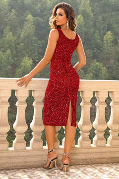 Melizafashion Elegant  Meliza's Sequin Sleeveless Slit Dress