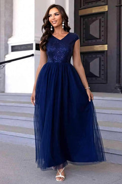 Melizafashion Elegant  Meliza's Sequin V-Neck Mesh Maxi Dress