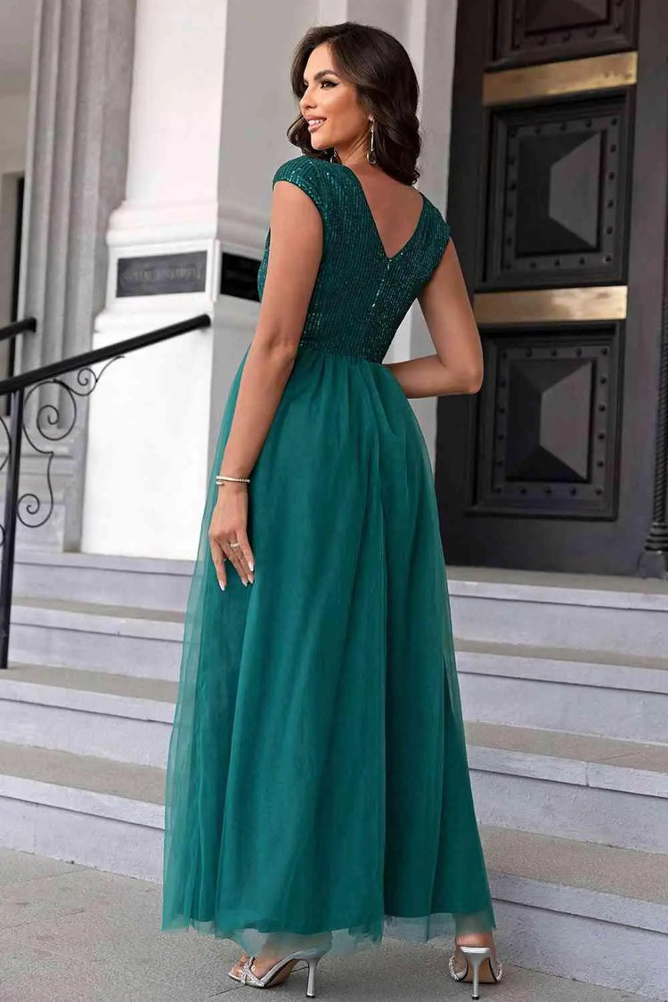 Melizafashion Elegant  Meliza's Sequin V-Neck Mesh Maxi Dress
