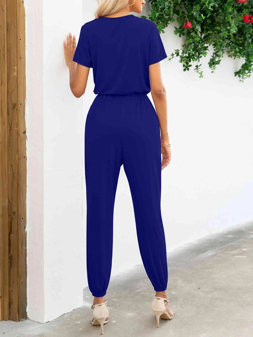 Meliza's Short Sleeve V-Neck Jumpsuit with Pockets - Melizafashion