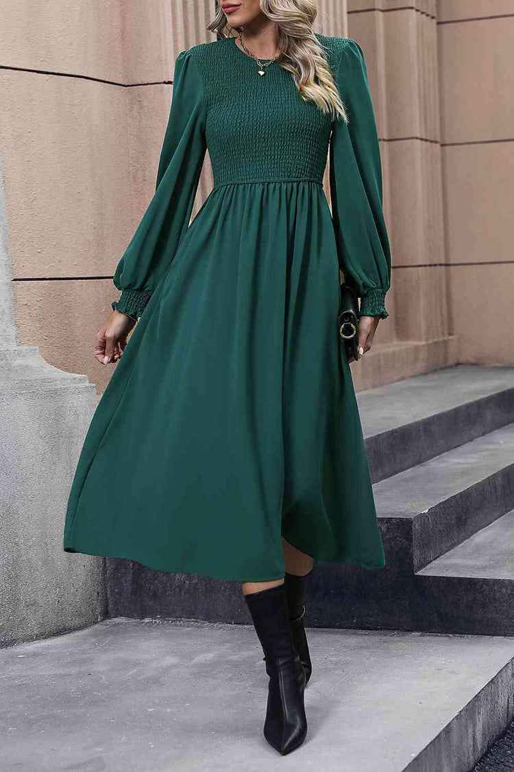 Melizafashion Elegant  Meliza's Smocked Long Sleeve Midi Dress