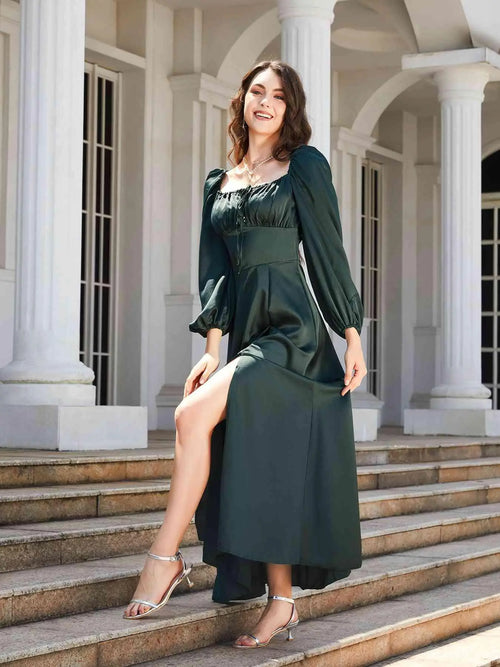 Melizafashion Elegant  Meliza's Square Neck Puff Sleeve High Slit Maxi Dress
