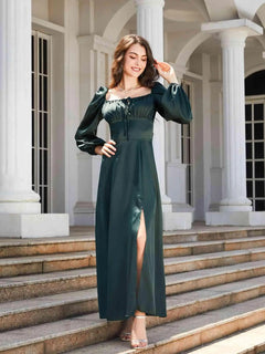 Melizafashion Elegant  Meliza's Square Neck Puff Sleeve High Slit Maxi Dress