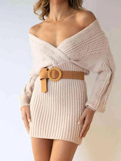 Melizafashion Elegant  Meliza's Surplice Neck Long Sleeve Sweater Dress