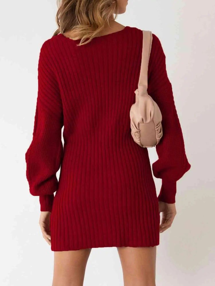 Meliza's Surplice Neck Long Sleeve Sweater Dress - Melizafashion