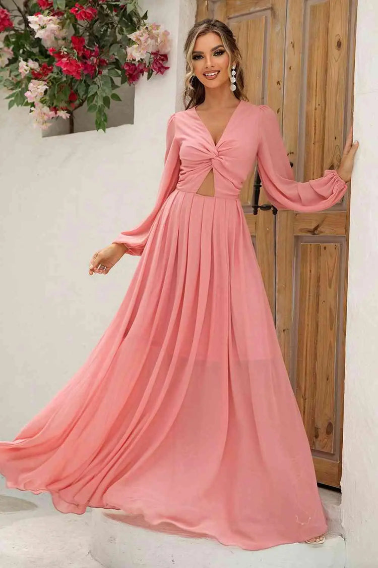 Melizafashion Elegant  Meliza's Twist Front Cutout Long Sleeve Dress