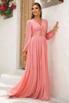 Melizafashion Elegant  Meliza's Twist Front Cutout Long Sleeve Dress