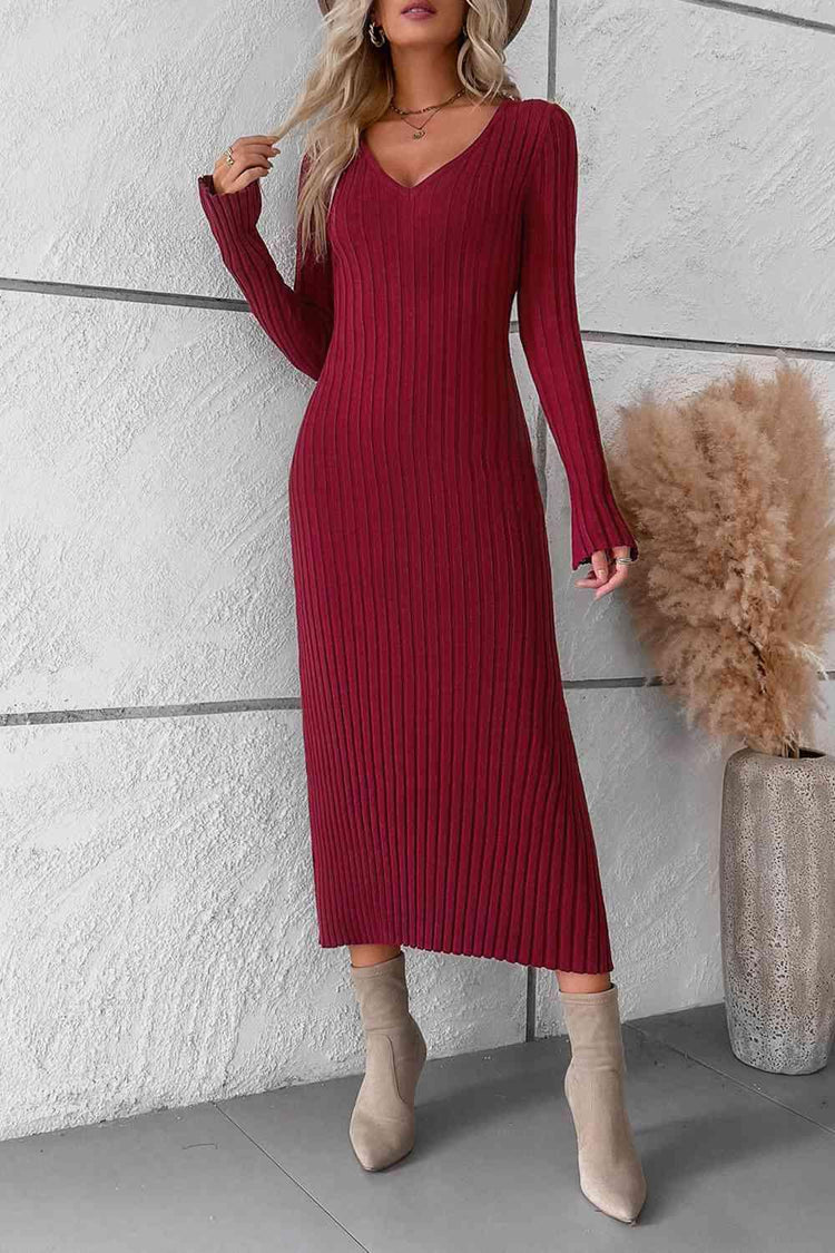 Meliza's V-Neck Long Sleeve Ribbed Sweater Dress - Melizafashion