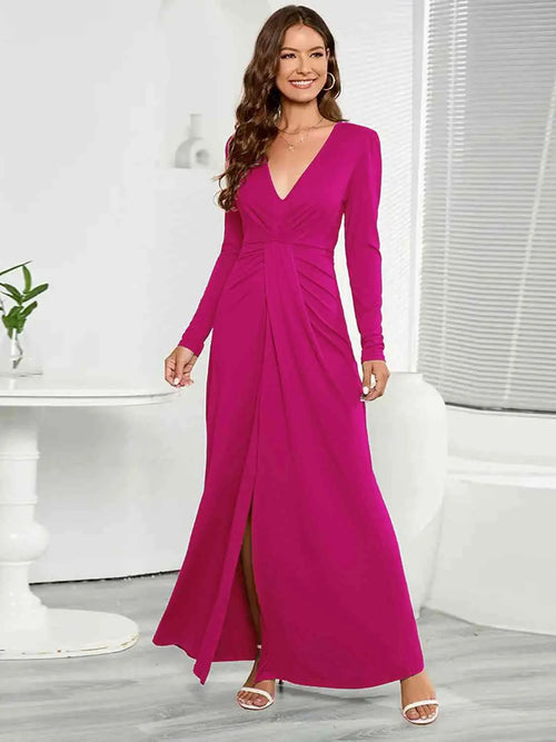 Melizafashion Elegant  Meliza's V-Neck Long Sleeve Split Dress
