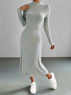 Ribbed Mock Neck Long Sleeve Midi Sweater Dress - Melizafashion