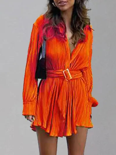 Button Up Dropped Shoulder Shirt Dress Red Orange S by Trendsi | Melizafashion
