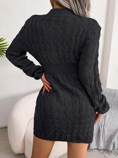 Cable-Knit Round Neck Mini Wrap Sweater Dress - Melizafashion