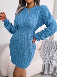 Cable-Knit Round Neck Mini Wrap Sweater Dress - Melizafashion