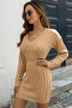 Cable-Knit V-Neck Long Sleeve Mini Sweater Dress - Melizafashion