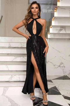 Melizafashion Elegant  Meliza's Cutout Backless Split Maxi Dress