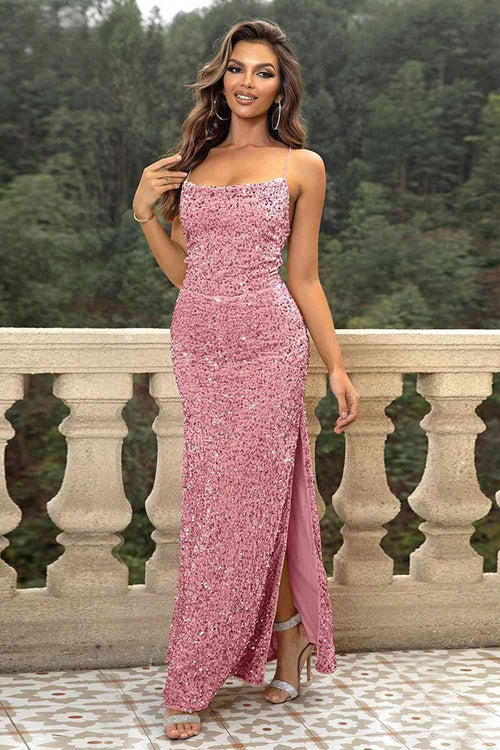 Melizafashion Elegant  Meliza's Sequin Backless Split Maxi Dress