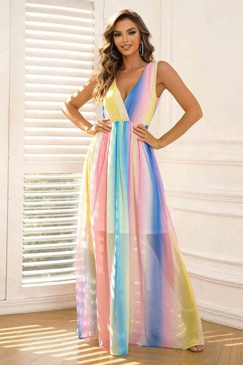 Melizafashion Elegant  Meliza's Surplice Neck Sleeveless Maxi Dress