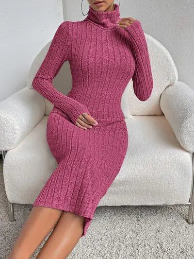 Turtleneck Long Sleeve Midi Sweater Dress - Melizafashion