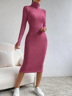 Turtleneck Long Sleeve Midi Sweater Dress - Melizafashion