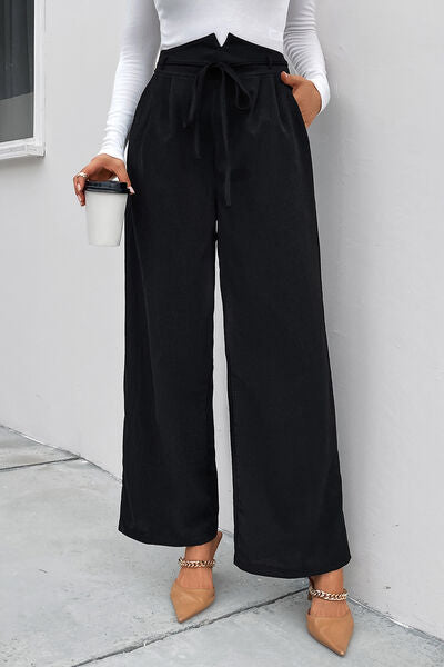 High Waist Ruched Tie Front Wide Leg Pants Trendsi