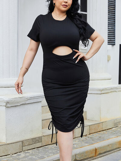 Plus Size Cutout Ruched Round Neck Short Sleeve Dress Trendsi