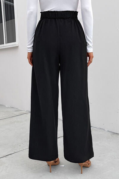 High Waist Ruched Pocketed Wide Leg Pants Trendsi
